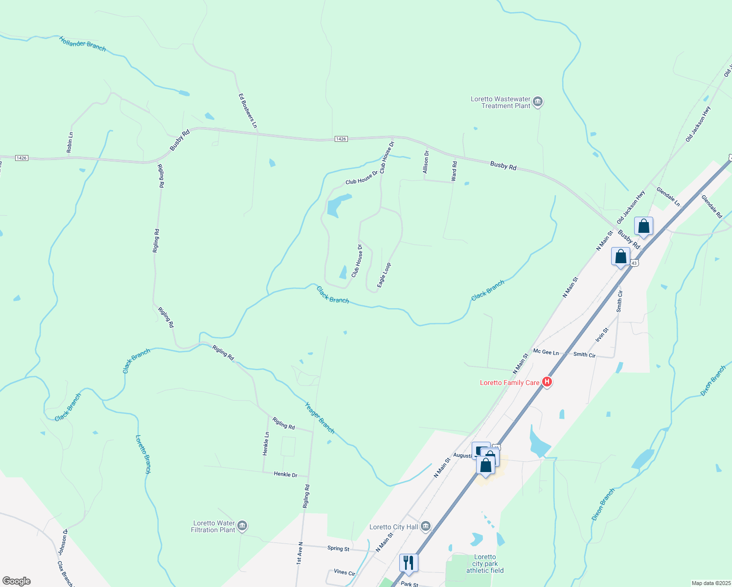 map of restaurants, bars, coffee shops, grocery stores, and more near 565 Eagle Loop in Loretto
