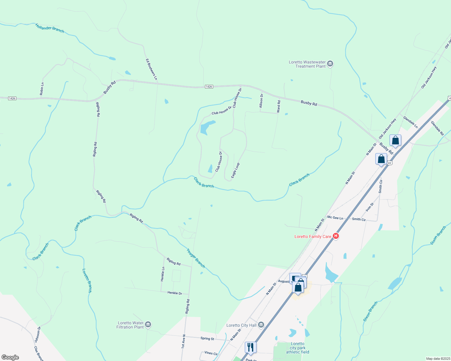 map of restaurants, bars, coffee shops, grocery stores, and more near 565 Eagle Loop in Loretto
