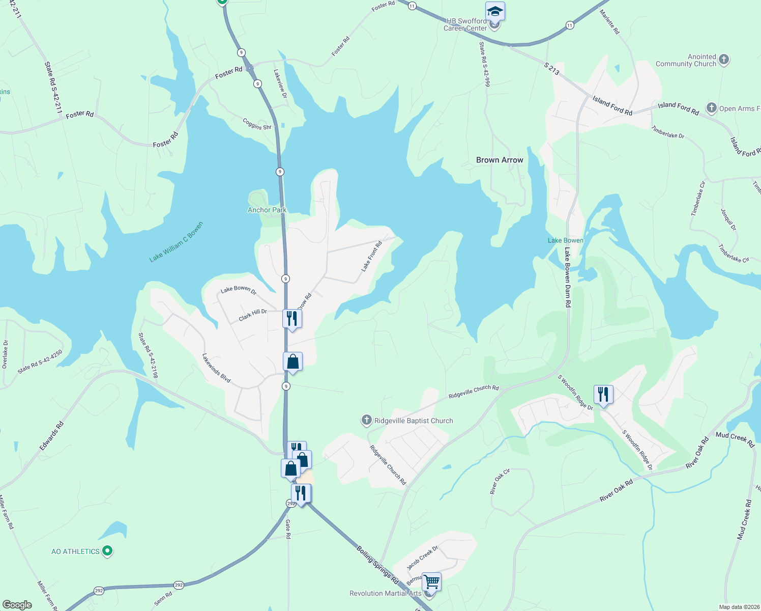 map of restaurants, bars, coffee shops, grocery stores, and more near 345 Fagan Drive in Inman