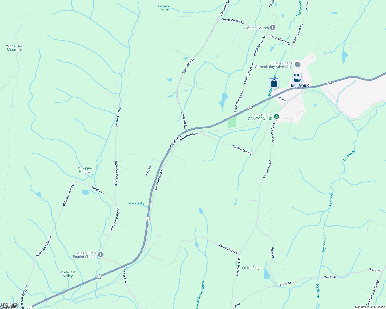map of restaurants, bars, coffee shops, grocery stores, and more near 621 Sim Goodwin Road in McDonald