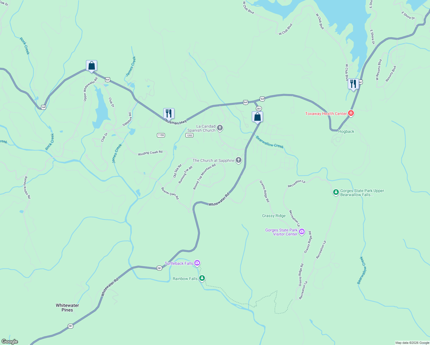 map of restaurants, bars, coffee shops, grocery stores, and more near 176 Round Top Mountain Crest Road in Sapphire
