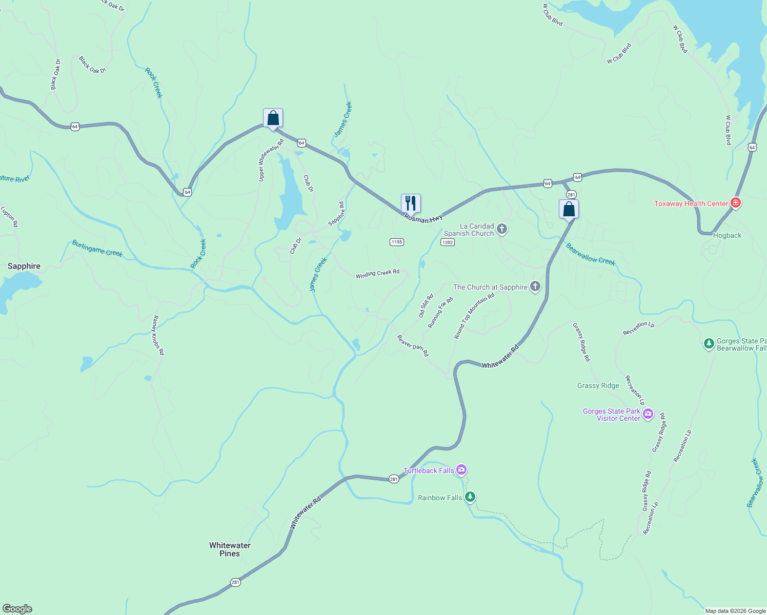 map of restaurants, bars, coffee shops, grocery stores, and more near 651 Winding Creek Road in Sapphire