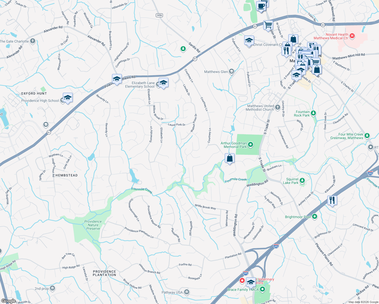 map of restaurants, bars, coffee shops, grocery stores, and more near 701 Fredricksburg Road in Matthews