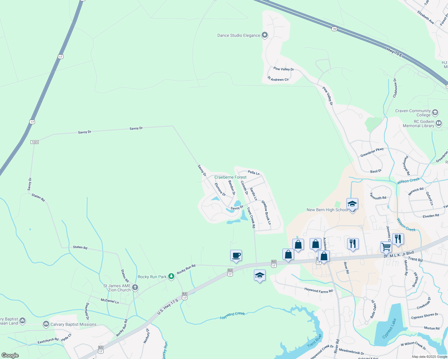 map of restaurants, bars, coffee shops, grocery stores, and more near 116 Westwood Court in New Bern