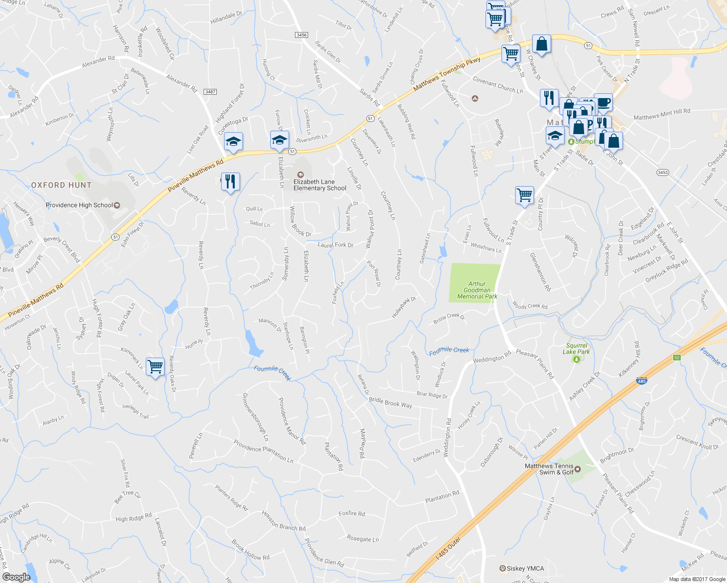 map of restaurants, bars, coffee shops, grocery stores, and more near 701 Fredricksburg Road in Matthews