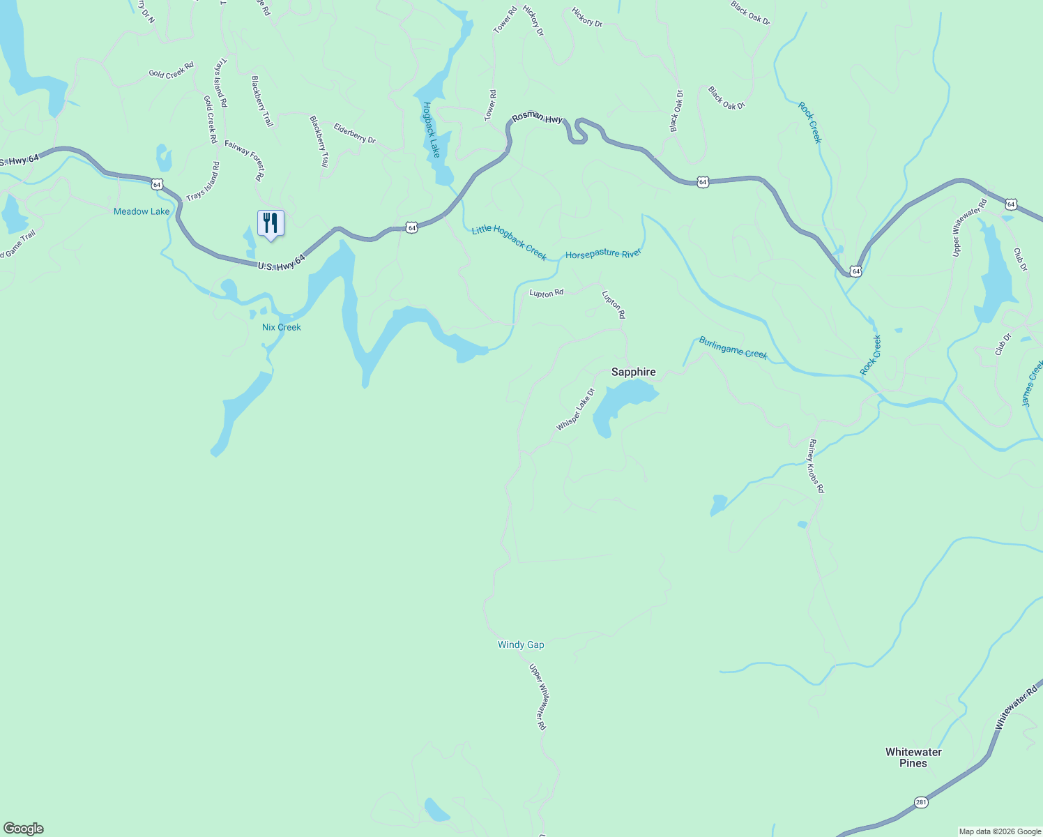 map of restaurants, bars, coffee shops, grocery stores, and more near 2806 Upper Whitewater Road in Sapphire