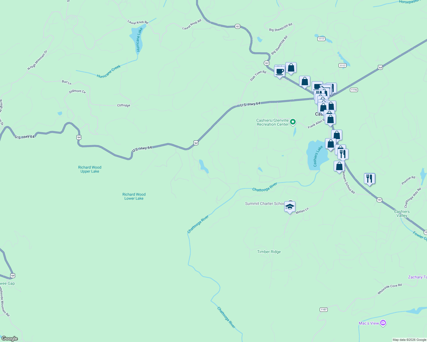 map of restaurants, bars, coffee shops, grocery stores, and more near Wh Pine Trail in Cashiers
