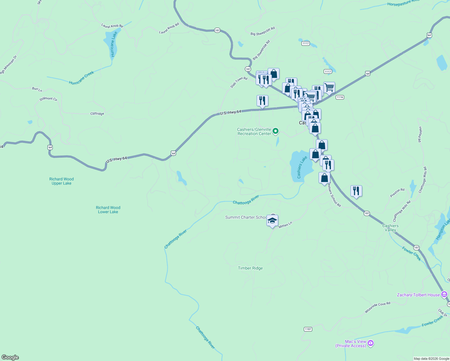 map of restaurants, bars, coffee shops, grocery stores, and more near 194 Streamside Drive in Cashiers