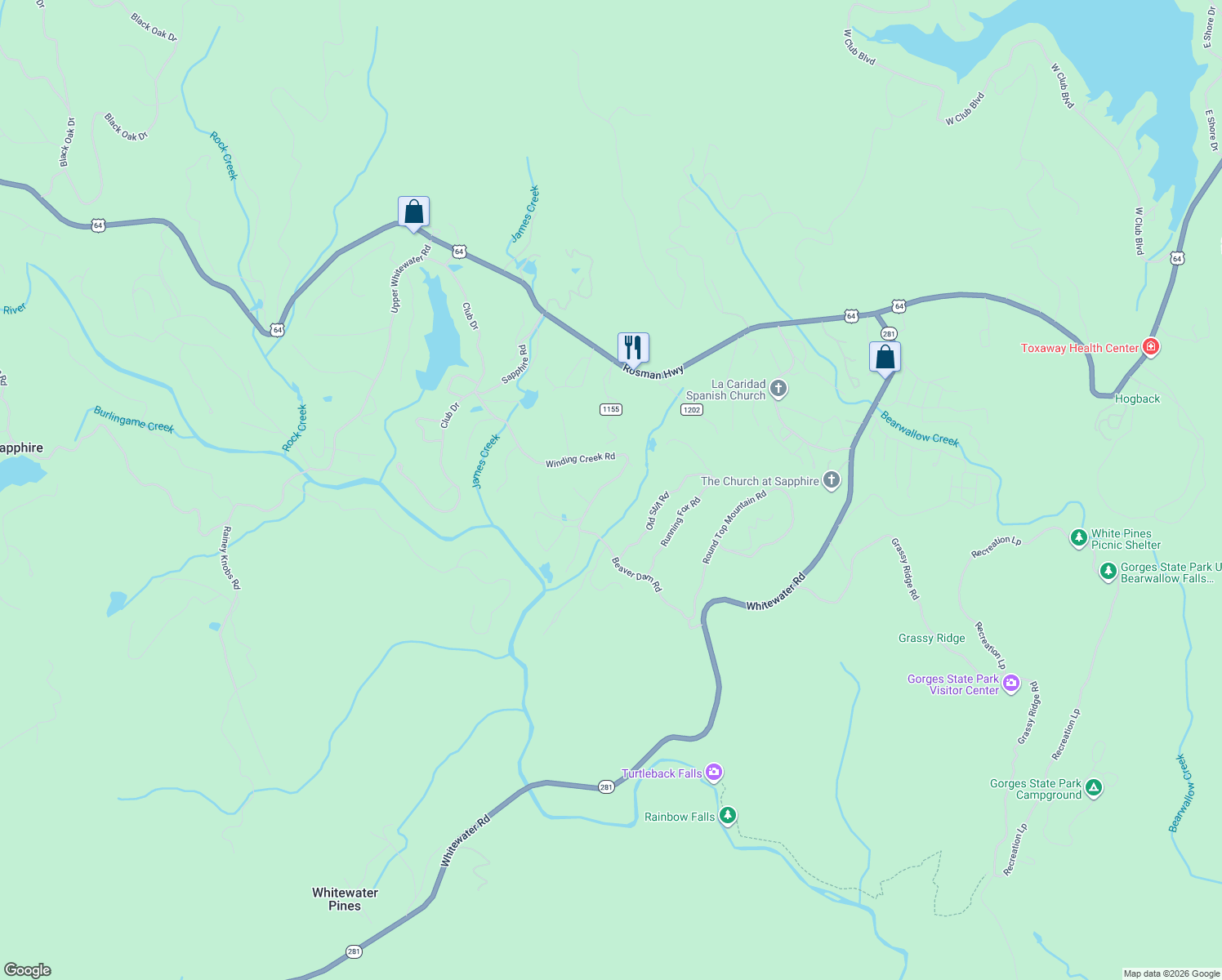 map of restaurants, bars, coffee shops, grocery stores, and more near 651 Winding Creek Rd in Sapphire