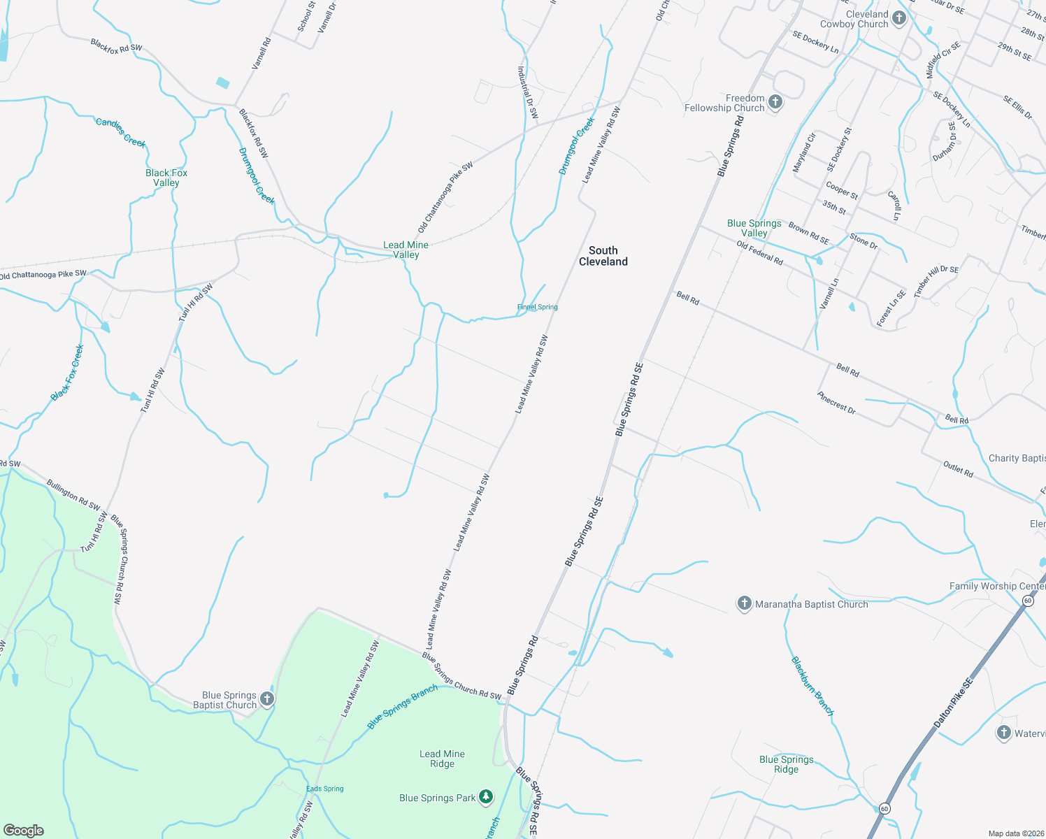 map of restaurants, bars, coffee shops, grocery stores, and more near 730 Lead Mine Valley Road Southwest in Cleveland