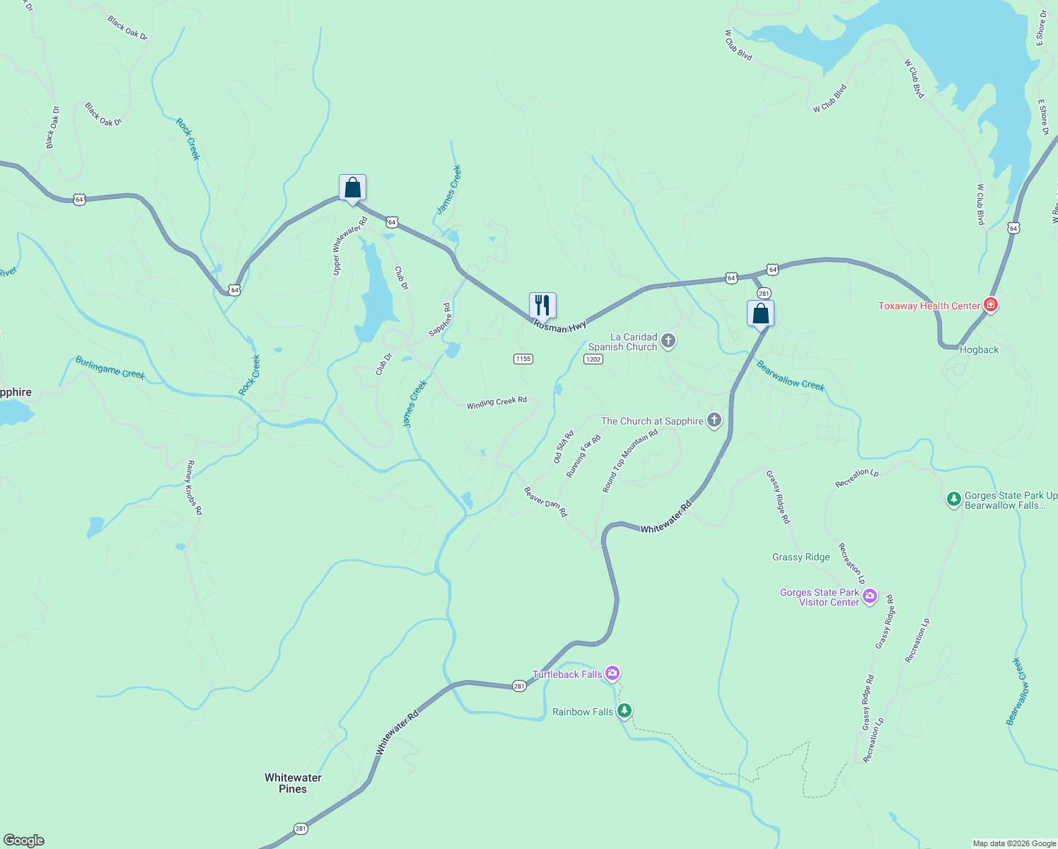 map of restaurants, bars, coffee shops, grocery stores, and more near 651 Winding Creek Road in Sapphire