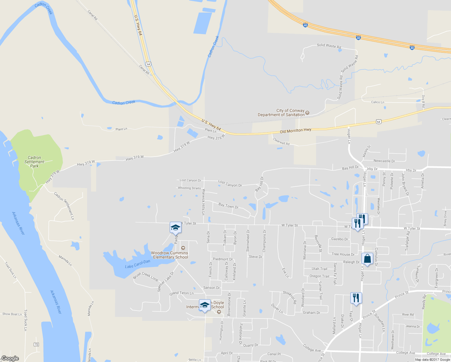 map of restaurants, bars, coffee shops, grocery stores, and more near 5260 Lost Canyon Drive in Conway