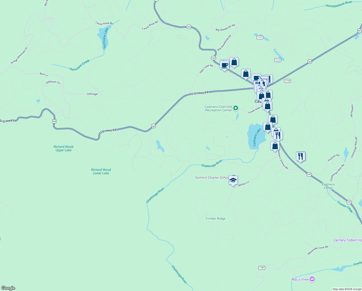 map of restaurants, bars, coffee shops, grocery stores, and more near 132 Stillwater Road in Cashiers