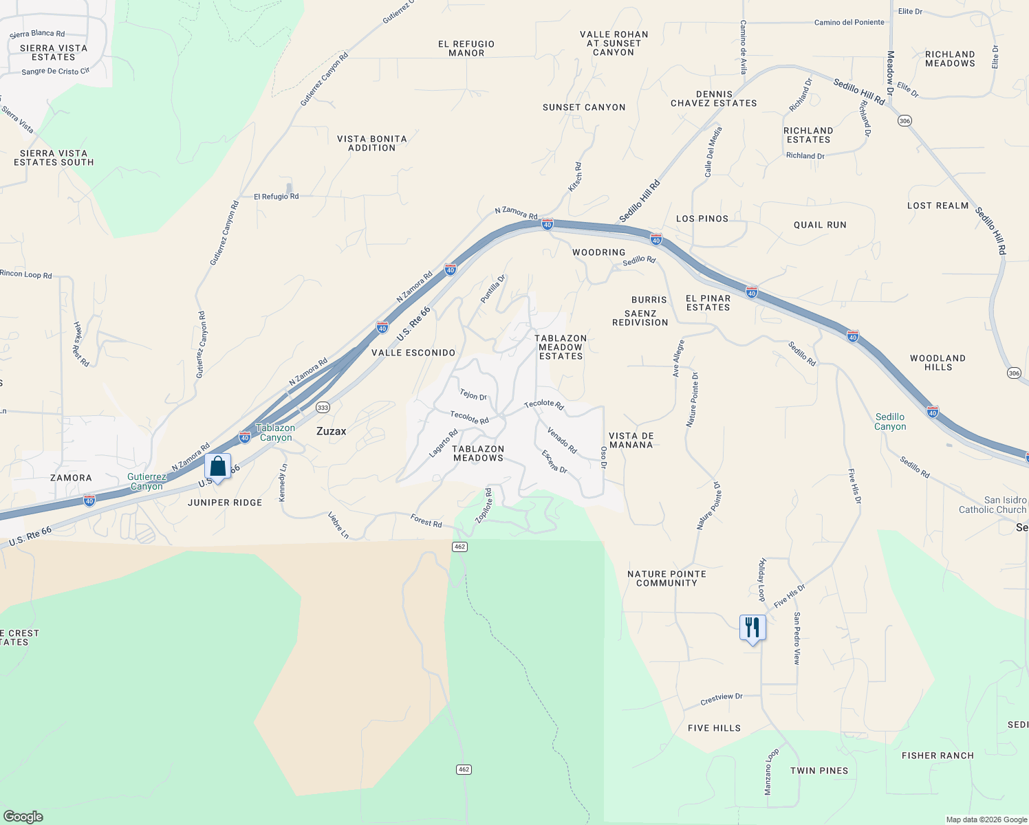 map of restaurants, bars, coffee shops, grocery stores, and more near 27 Tecolote Road in Tijeras