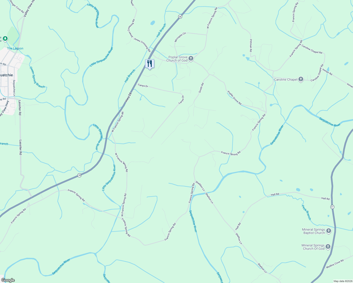 map of restaurants, bars, coffee shops, grocery stores, and more near 450 Hollow Road in Whitwell