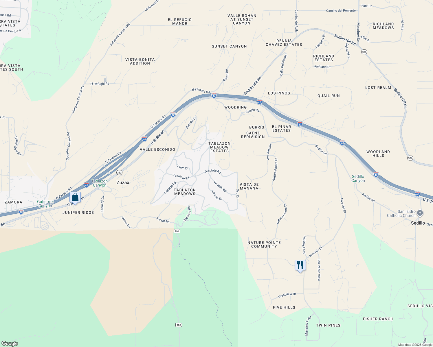 map of restaurants, bars, coffee shops, grocery stores, and more near 1 Venado Road in Tijeras