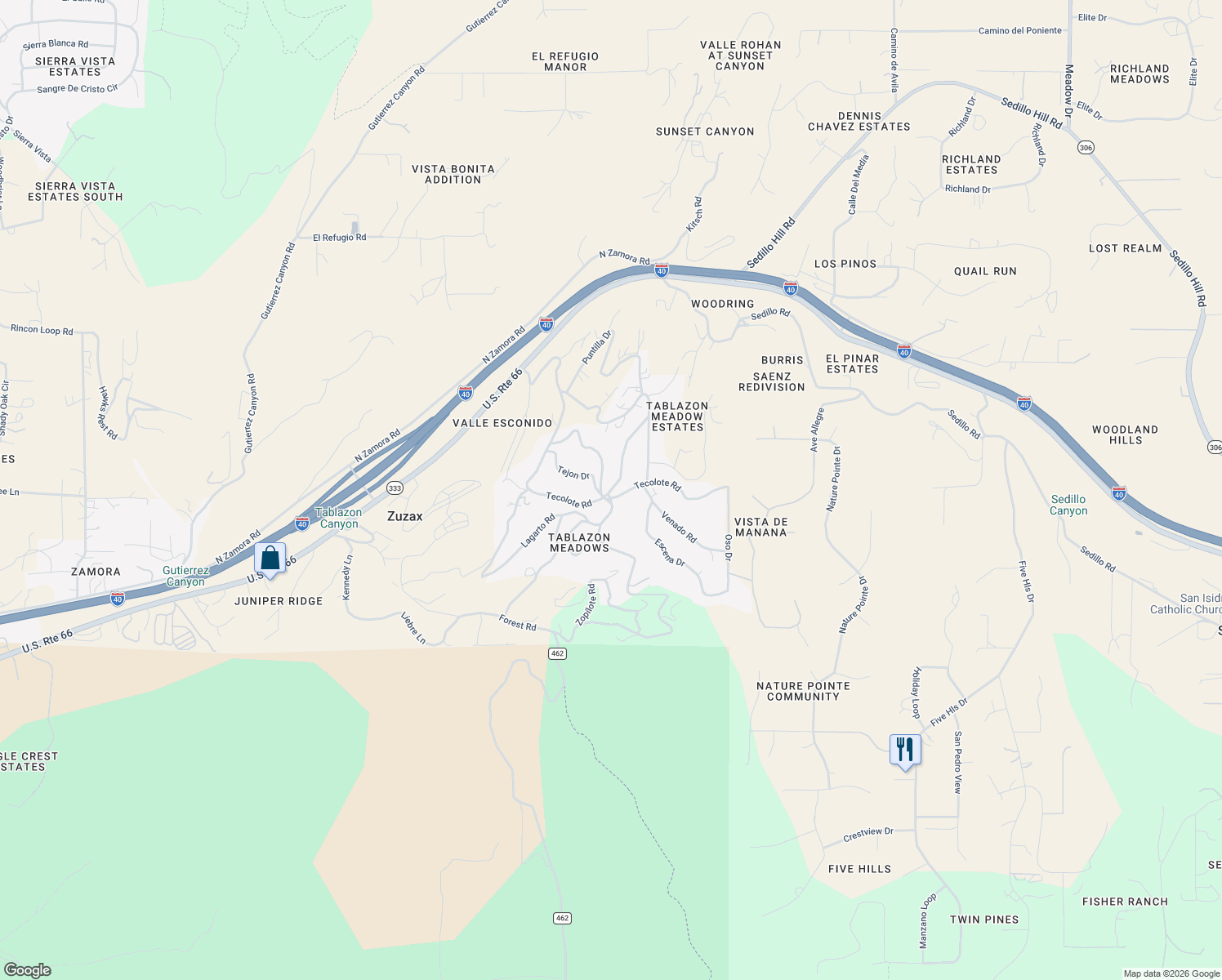map of restaurants, bars, coffee shops, grocery stores, and more near 81 Tablazon Road in Tijeras