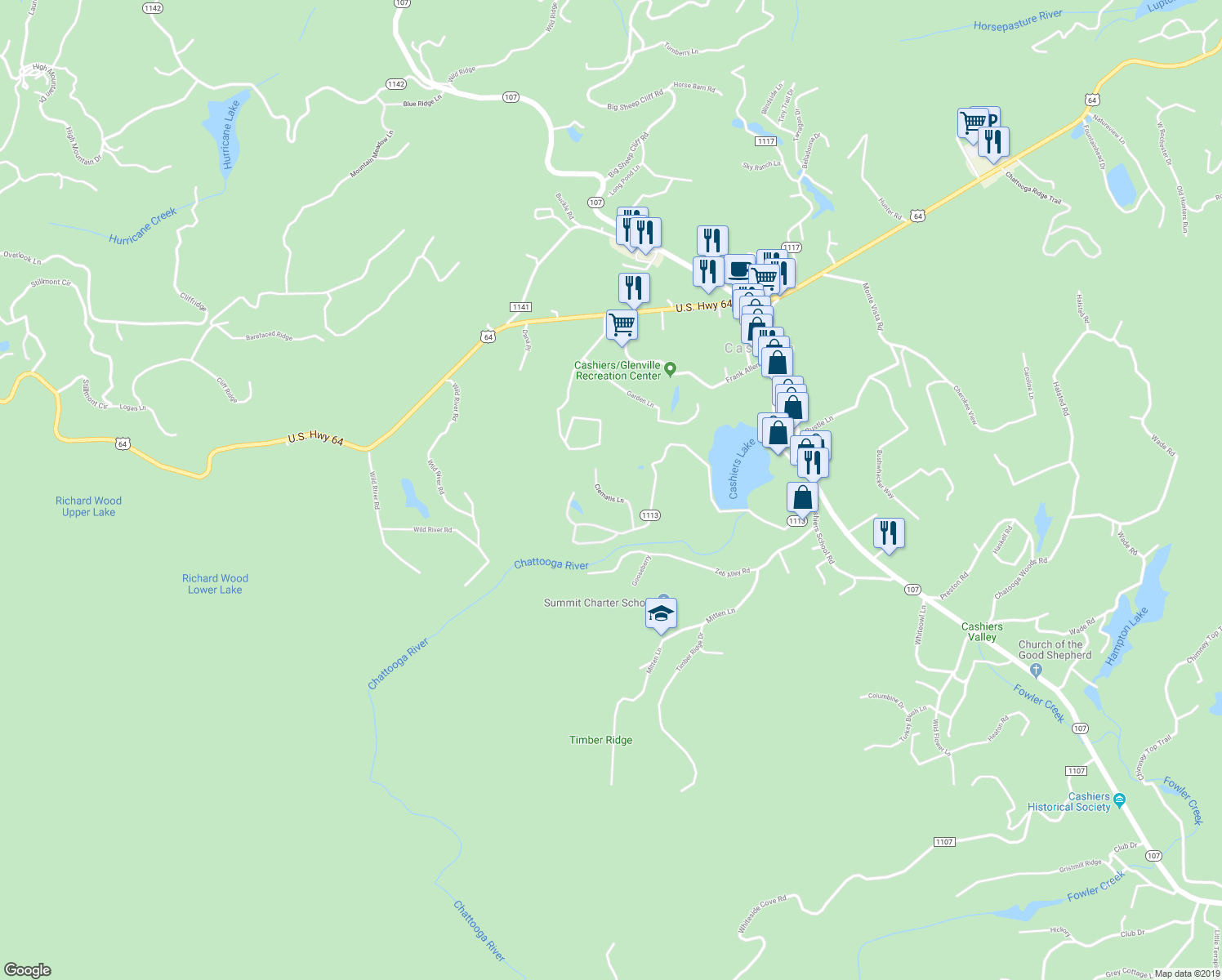 map of restaurants, bars, coffee shops, grocery stores, and more near 192 Clematis Lane in Cashiers