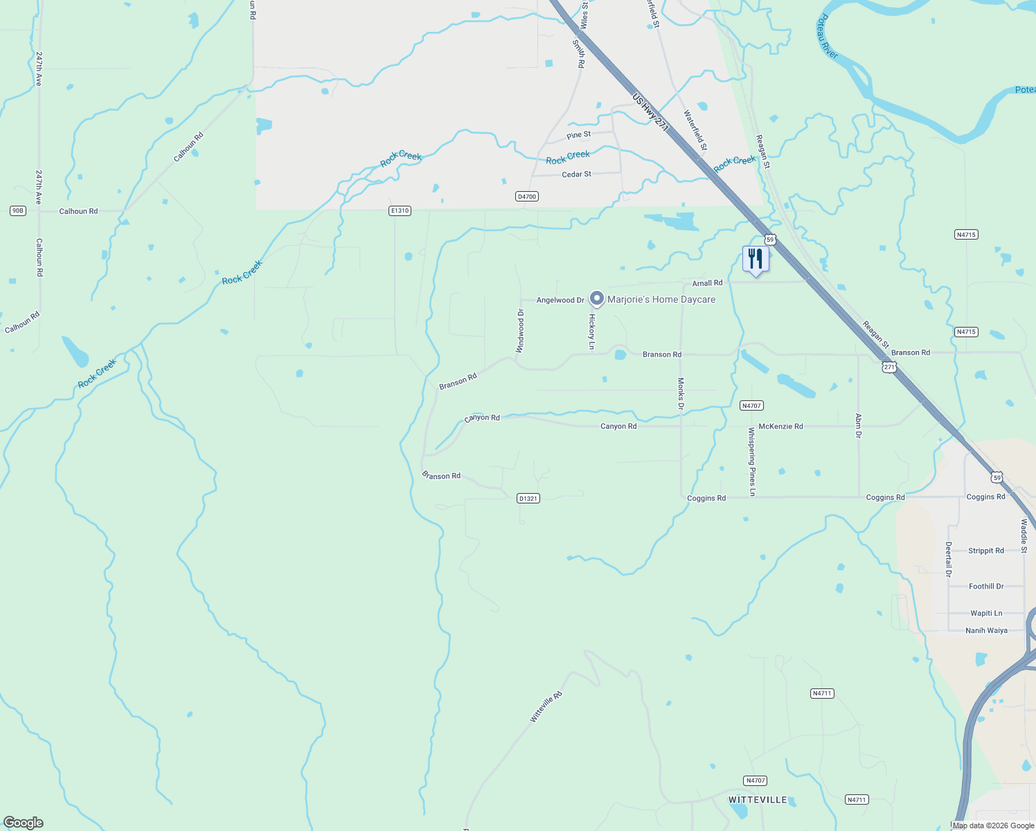 map of restaurants, bars, coffee shops, grocery stores, and more near 23068 Canyon Road in Poteau