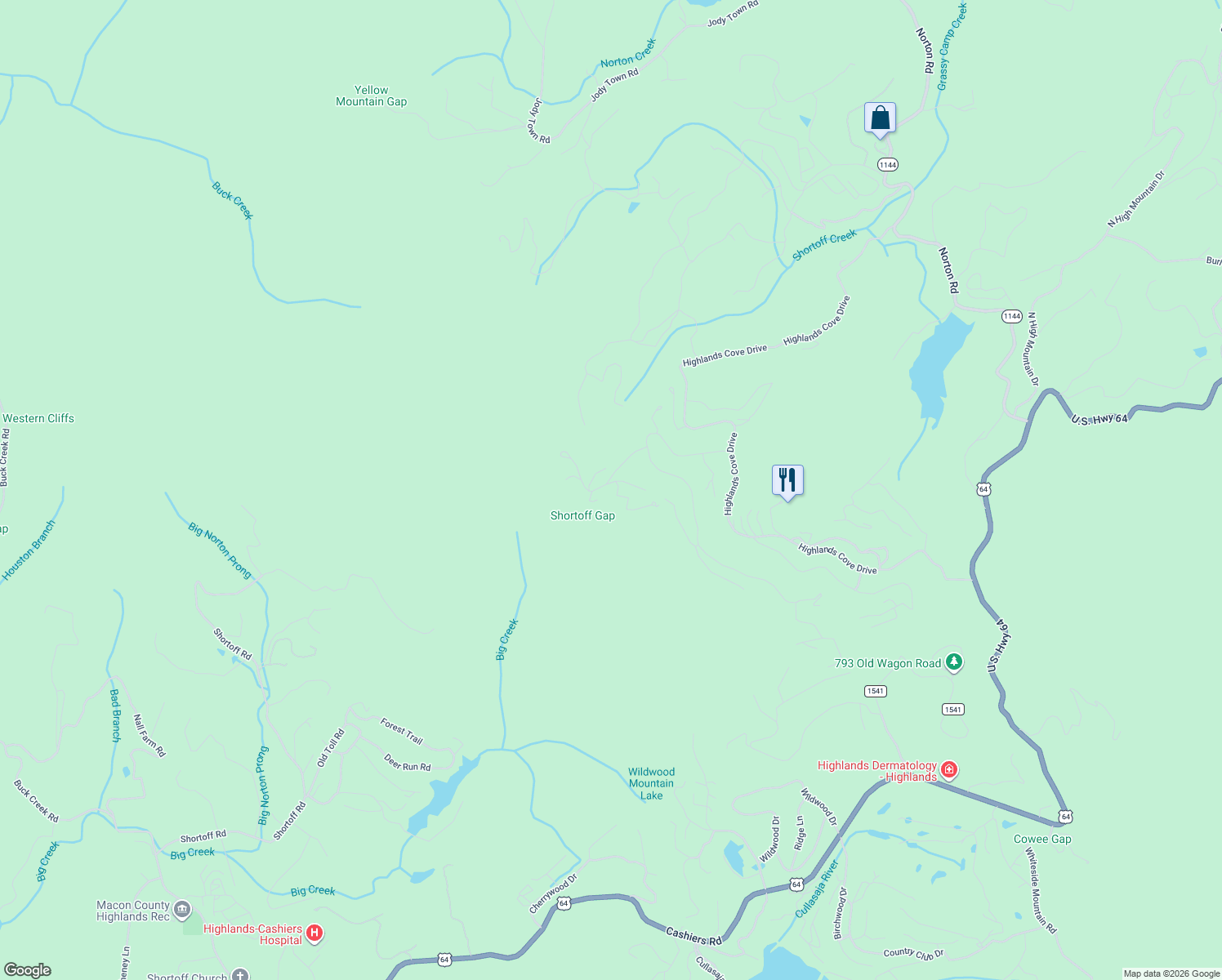 map of restaurants, bars, coffee shops, grocery stores, and more near 148 Highlands Cove Drive in Highlands