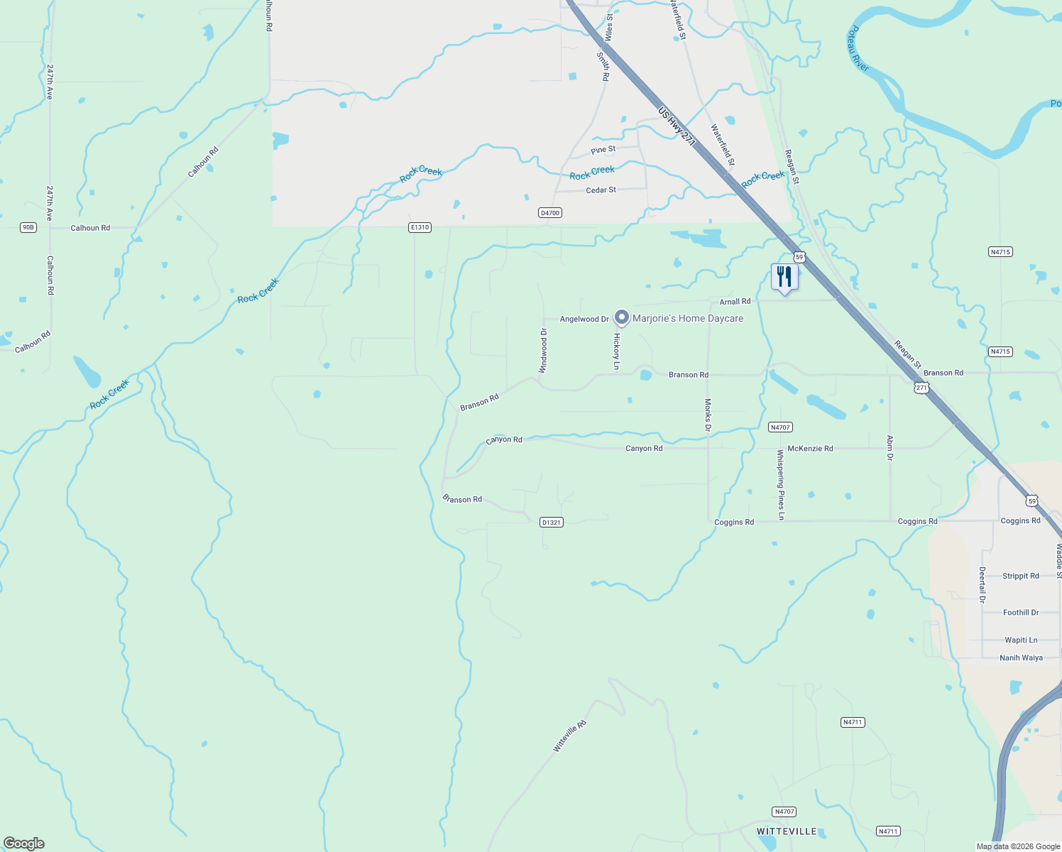 map of restaurants, bars, coffee shops, grocery stores, and more near 23068 Canyon Road in Poteau