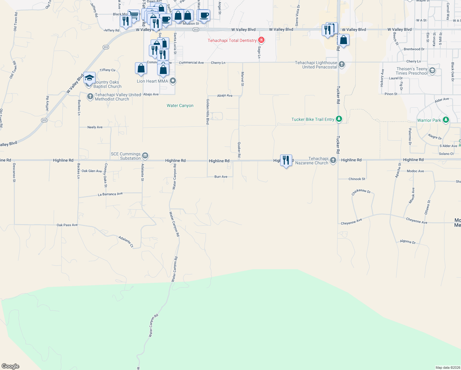 map of restaurants, bars, coffee shops, grocery stores, and more near 19819 Jolynn Street in Tehachapi