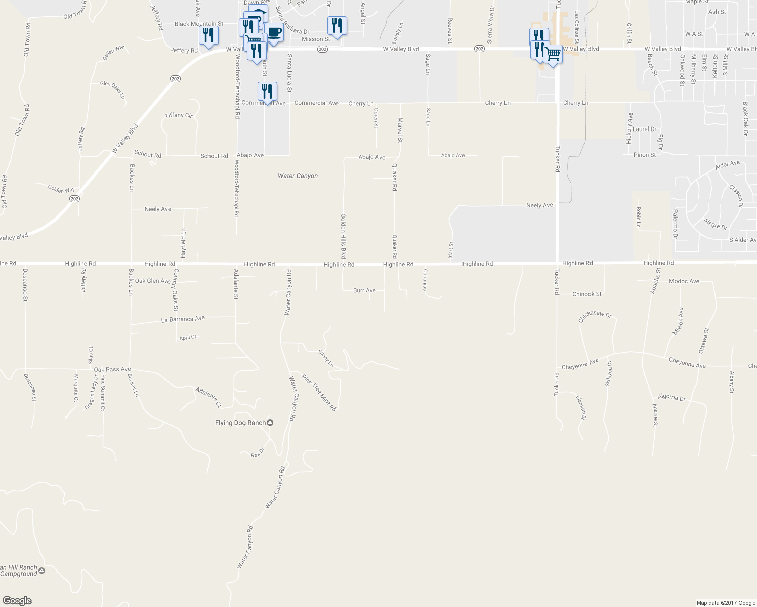 map of restaurants, bars, coffee shops, grocery stores, and more near 19819 Jolynn Street in Tehachapi