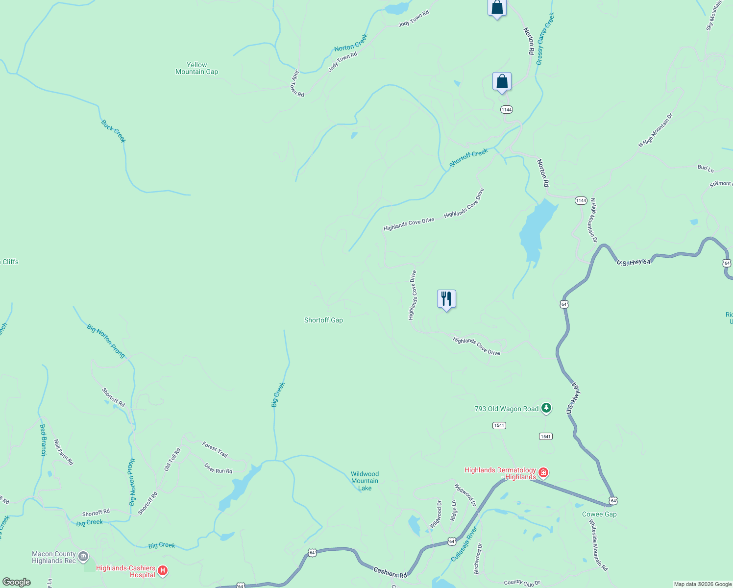 map of restaurants, bars, coffee shops, grocery stores, and more near 114 Lost Cove Road in Cashiers