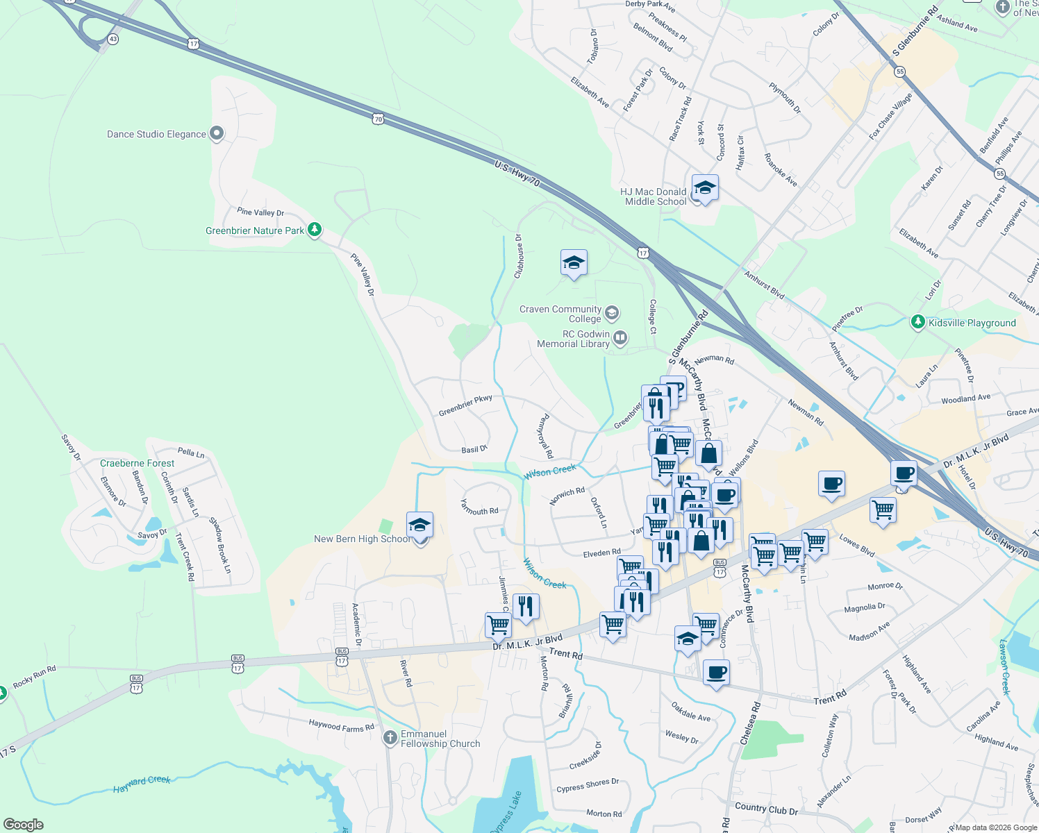 map of restaurants, bars, coffee shops, grocery stores, and more near 1700 Greenbrier Ct in New Bern