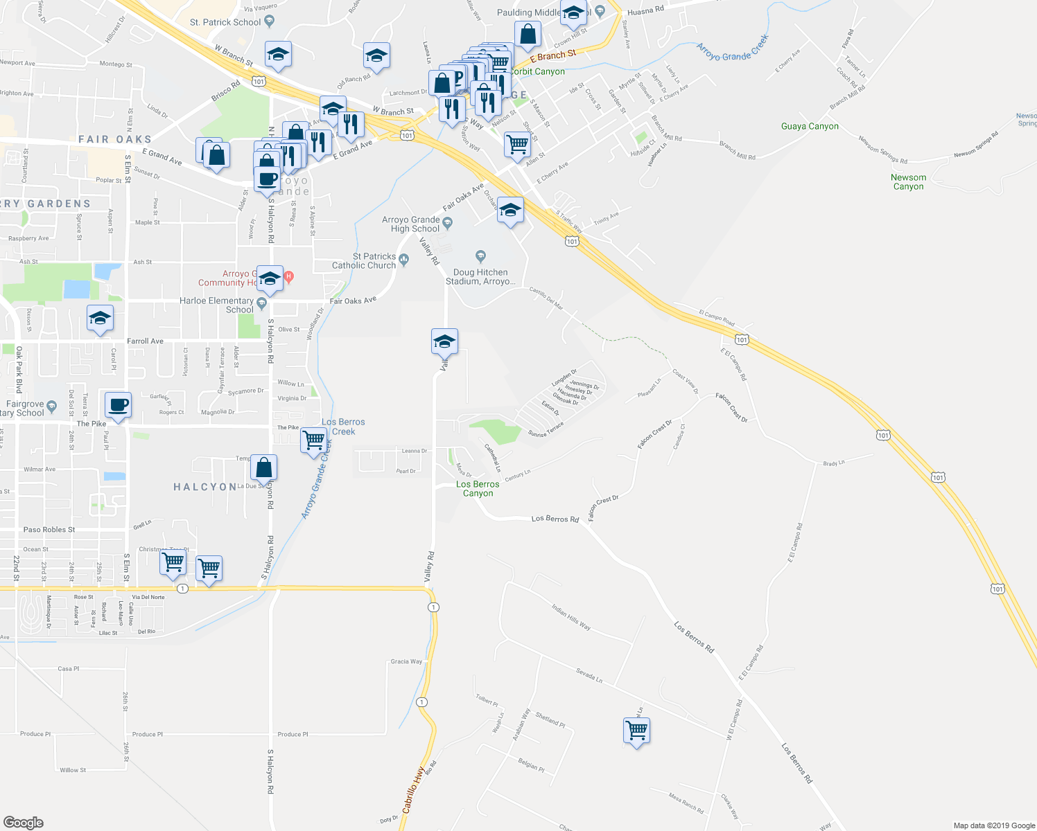 map of restaurants, bars, coffee shops, grocery stores, and more near 812 Arcadia Drive in Arroyo Grande