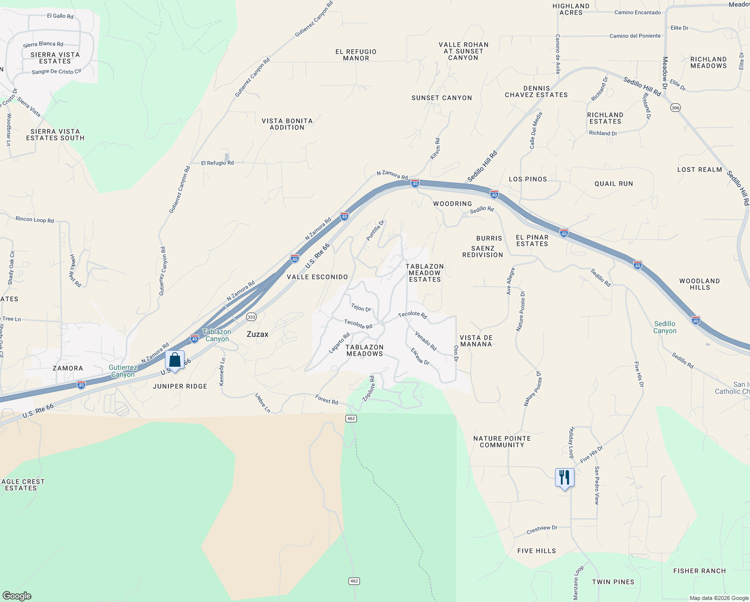 map of restaurants, bars, coffee shops, grocery stores, and more near 98 Lagarto Road in Tijeras