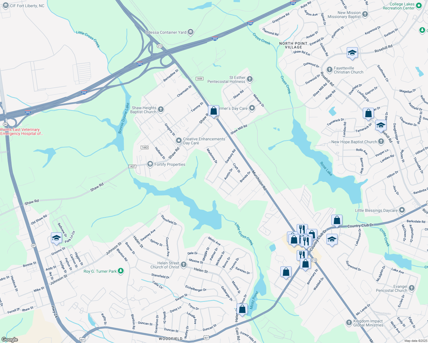 map of restaurants, bars, coffee shops, grocery stores, and more near 1077 Madonna Drive in Fayetteville