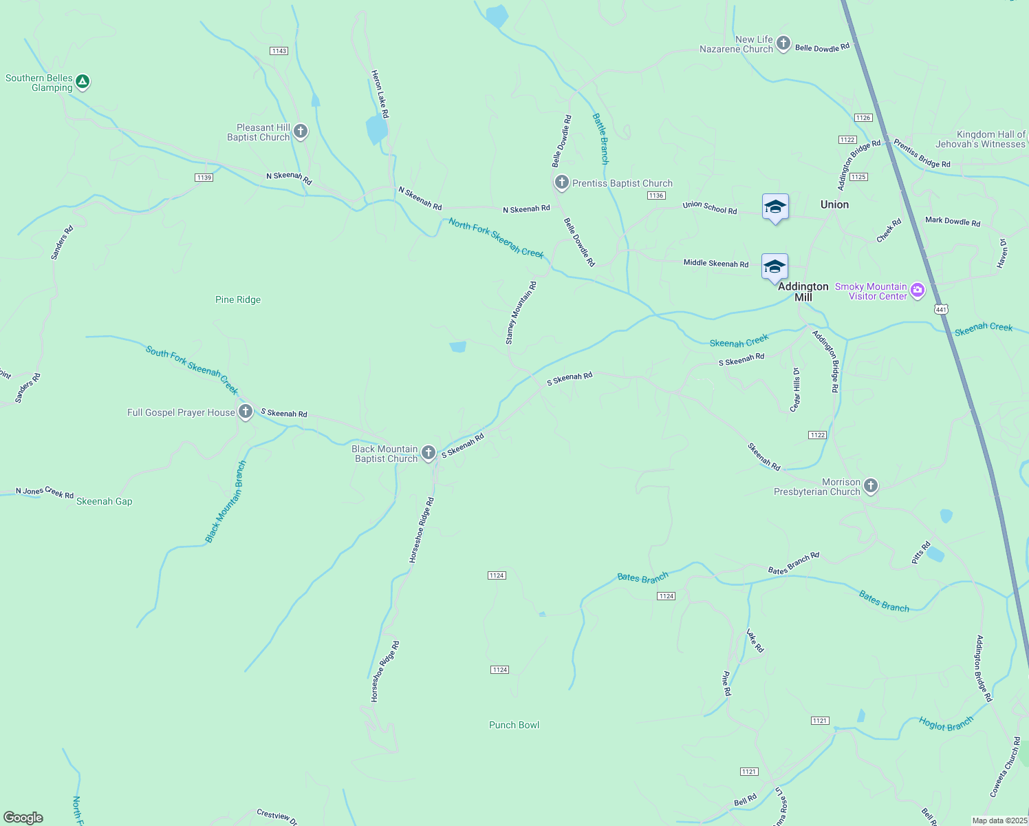 map of restaurants, bars, coffee shops, grocery stores, and more near S Skeenah Rd in Franklin