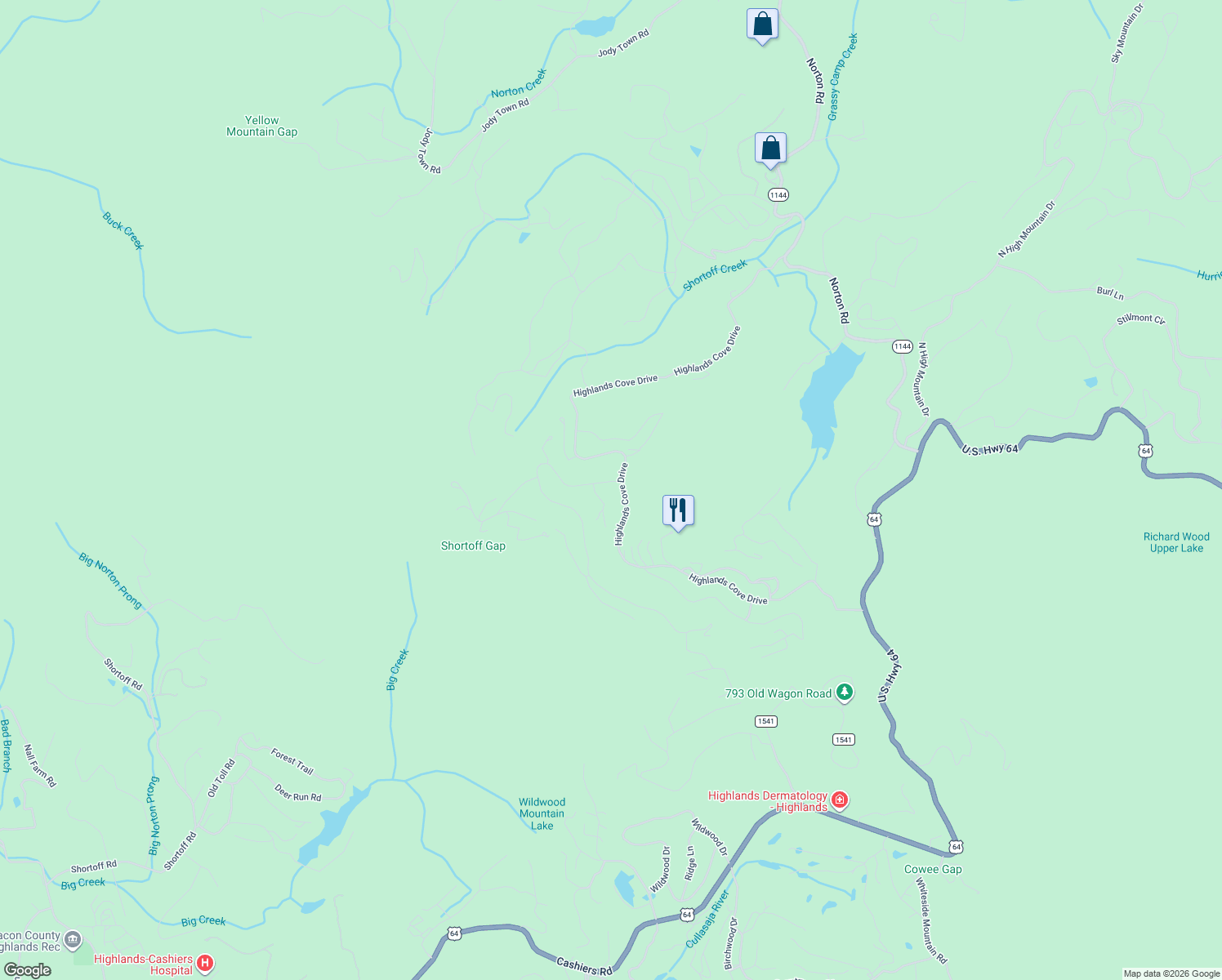 map of restaurants, bars, coffee shops, grocery stores, and more near 35 Broadview Drive in Cashiers