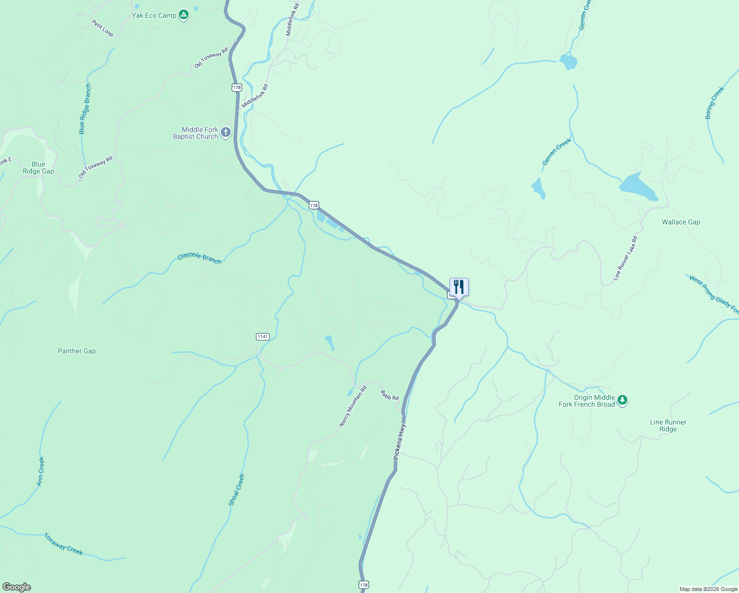 map of restaurants, bars, coffee shops, grocery stores, and more near 341 Powell Drive in Rosman