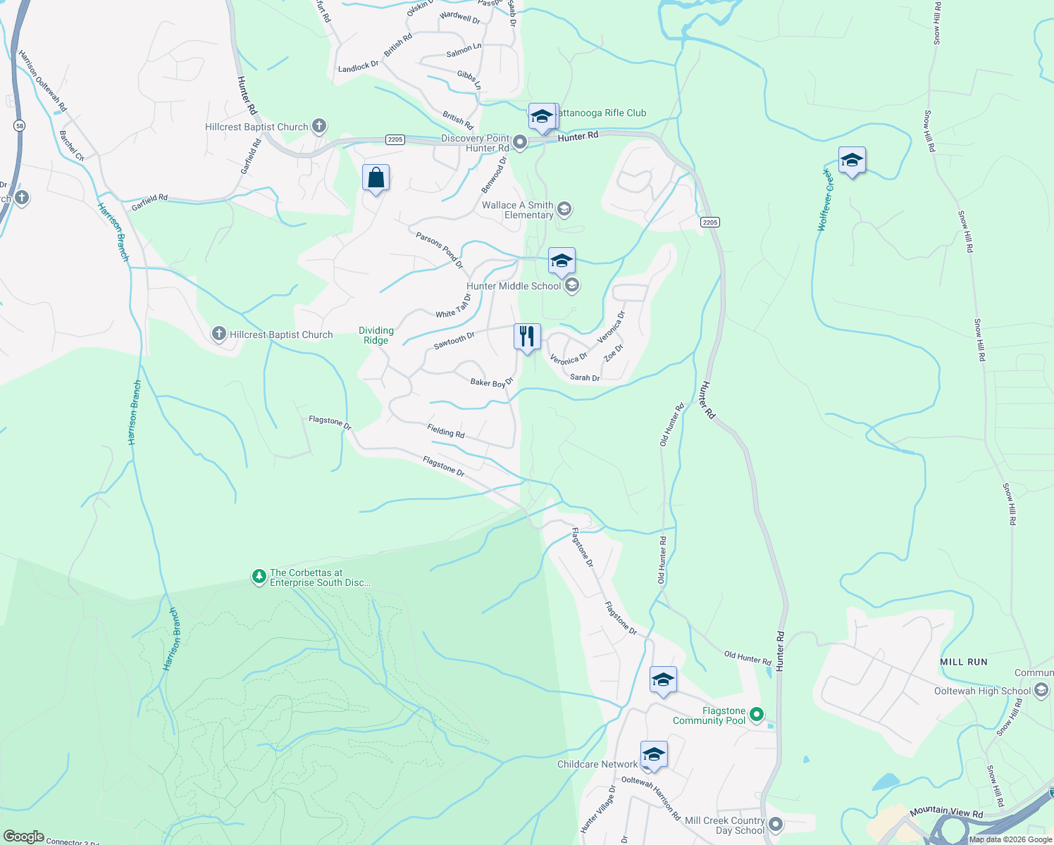 map of restaurants, bars, coffee shops, grocery stores, and more near 10522 Fielding Road in Ooltewah