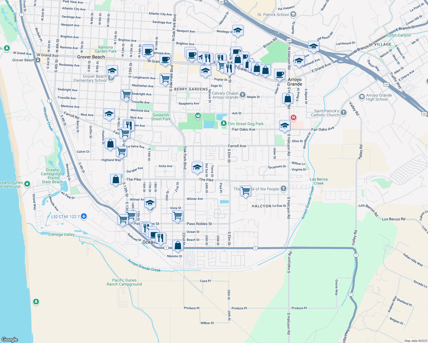 map of restaurants, bars, coffee shops, grocery stores, and more near 640 Tierra Street in Arroyo Grande