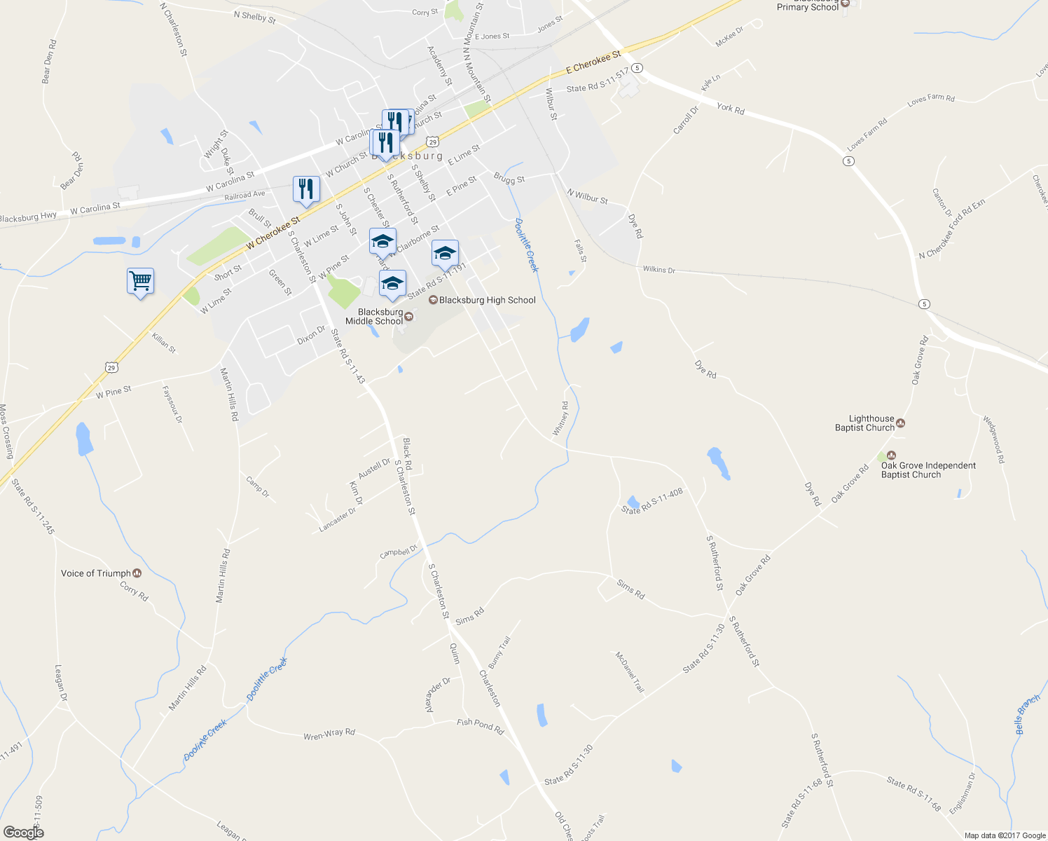 map of restaurants, bars, coffee shops, grocery stores, and more near 1102 South Rutherford Street in Blacksburg