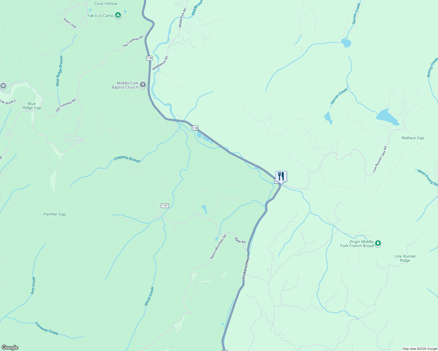 map of restaurants, bars, coffee shops, grocery stores, and more near 341 Powell Drive in Rosman