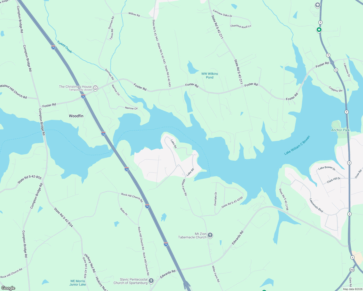 map of restaurants, bars, coffee shops, grocery stores, and more near 347 Lake Road in Inman