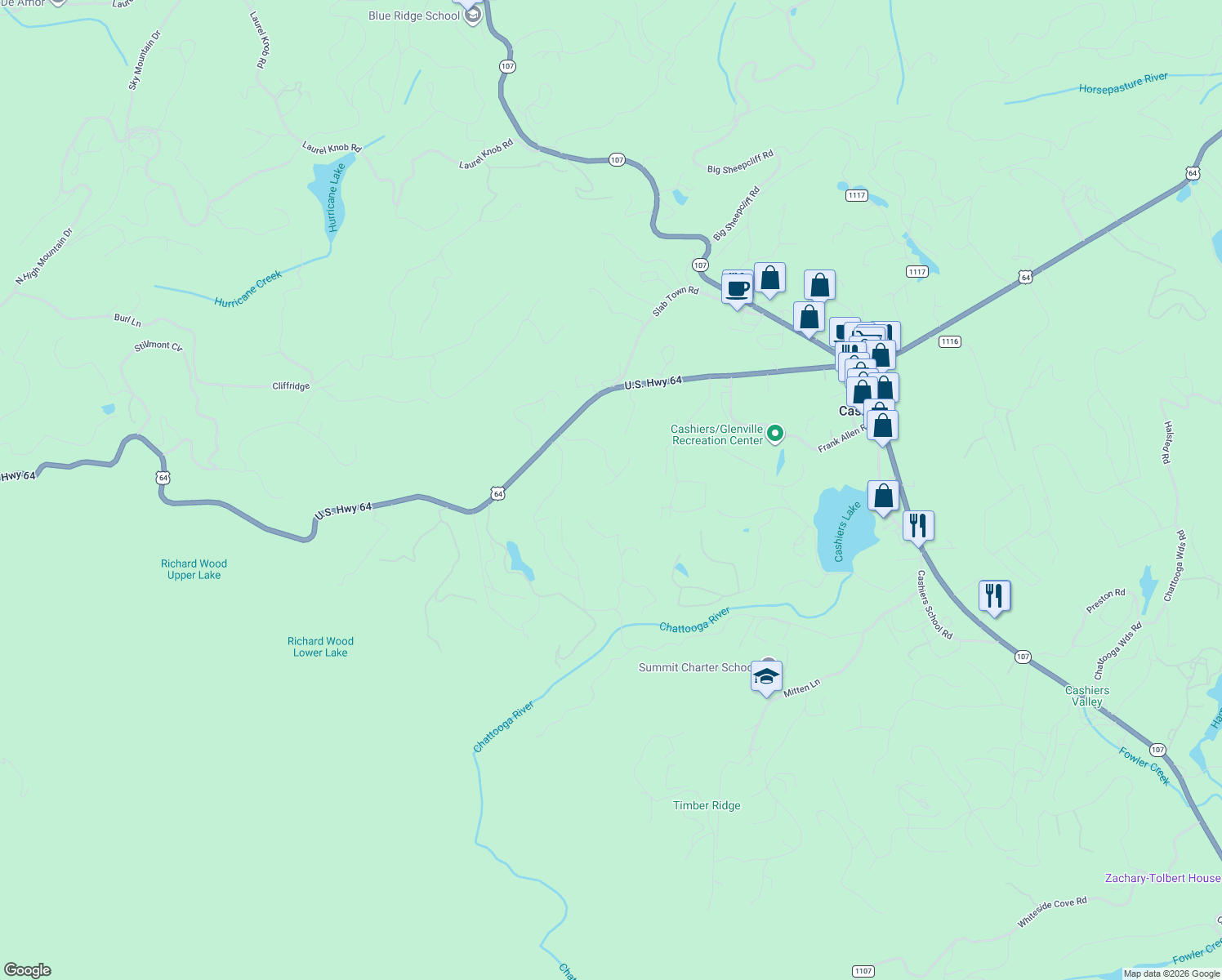 map of restaurants, bars, coffee shops, grocery stores, and more near 56 Crestwood Dr in Cashiers