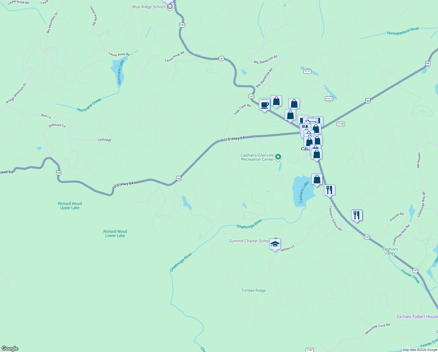 map of restaurants, bars, coffee shops, grocery stores, and more near 270-56 Crestwood Dr in Cashiers