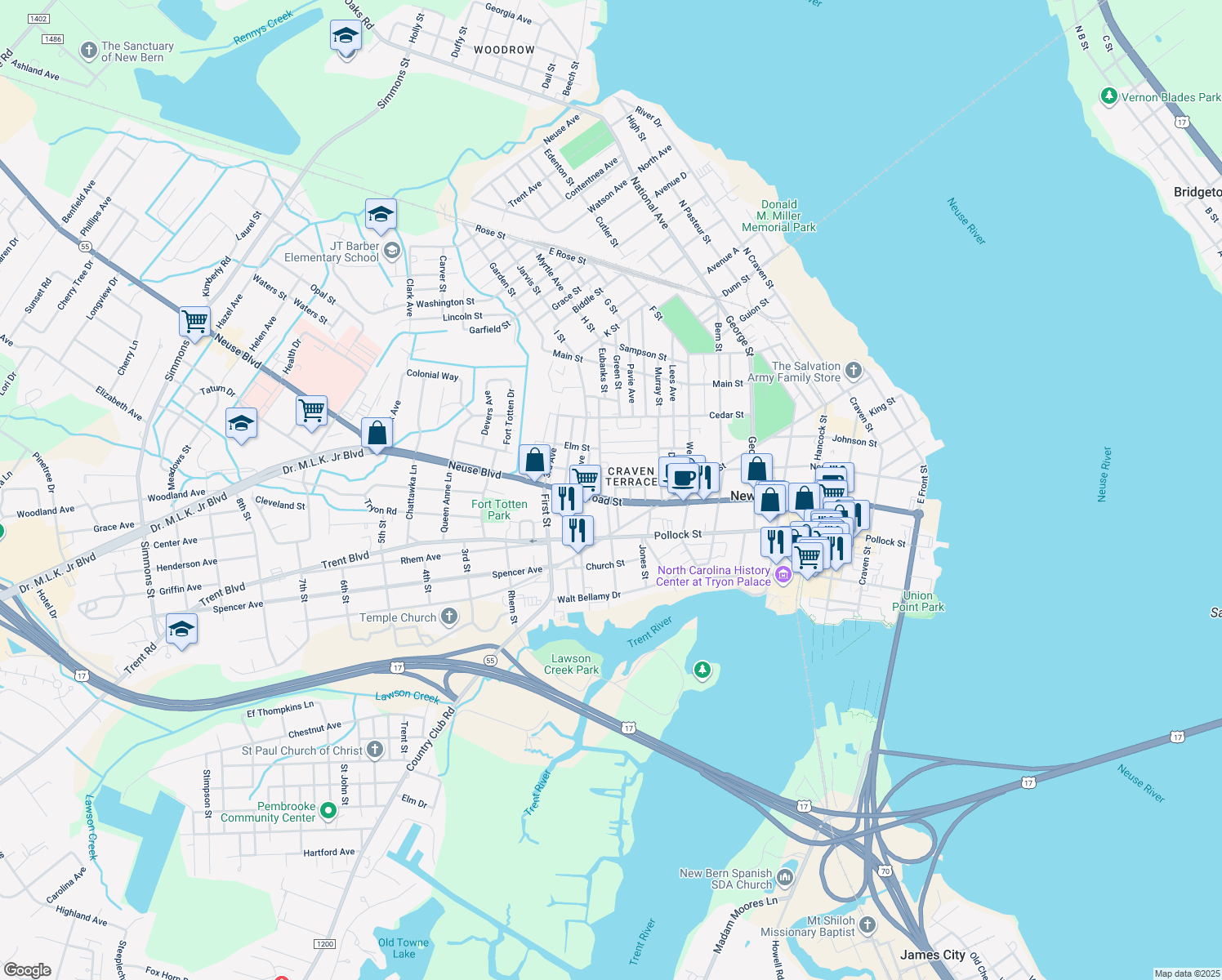 map of restaurants, bars, coffee shops, grocery stores, and more near 505 Carroll Street in New Bern