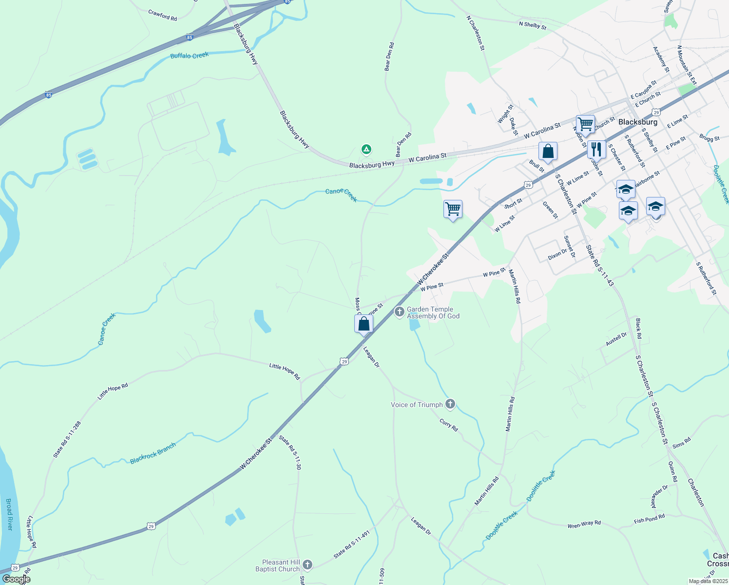 map of restaurants, bars, coffee shops, grocery stores, and more near 320 Moss Crossing in Blacksburg