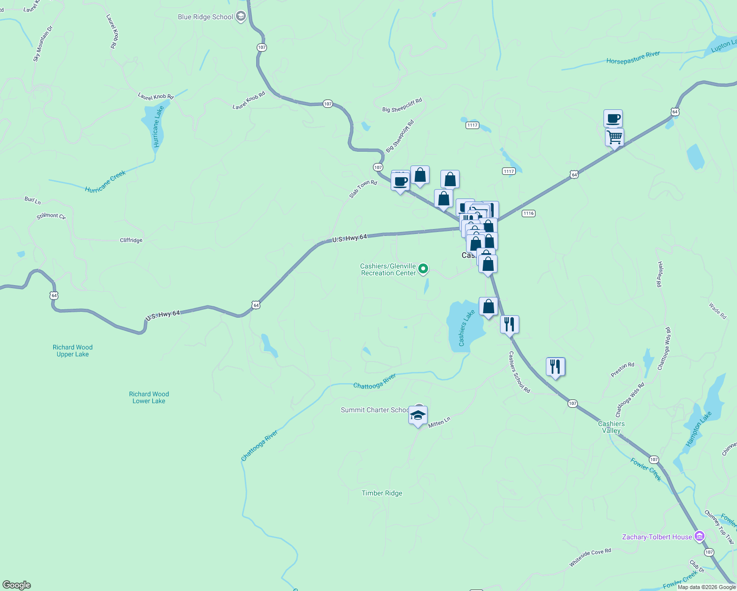map of restaurants, bars, coffee shops, grocery stores, and more near 11 Asbury Woods in Cashiers