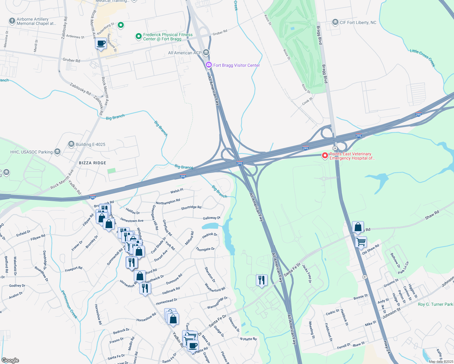 map of restaurants, bars, coffee shops, grocery stores, and more near 845 Shortridge Road in Fayetteville