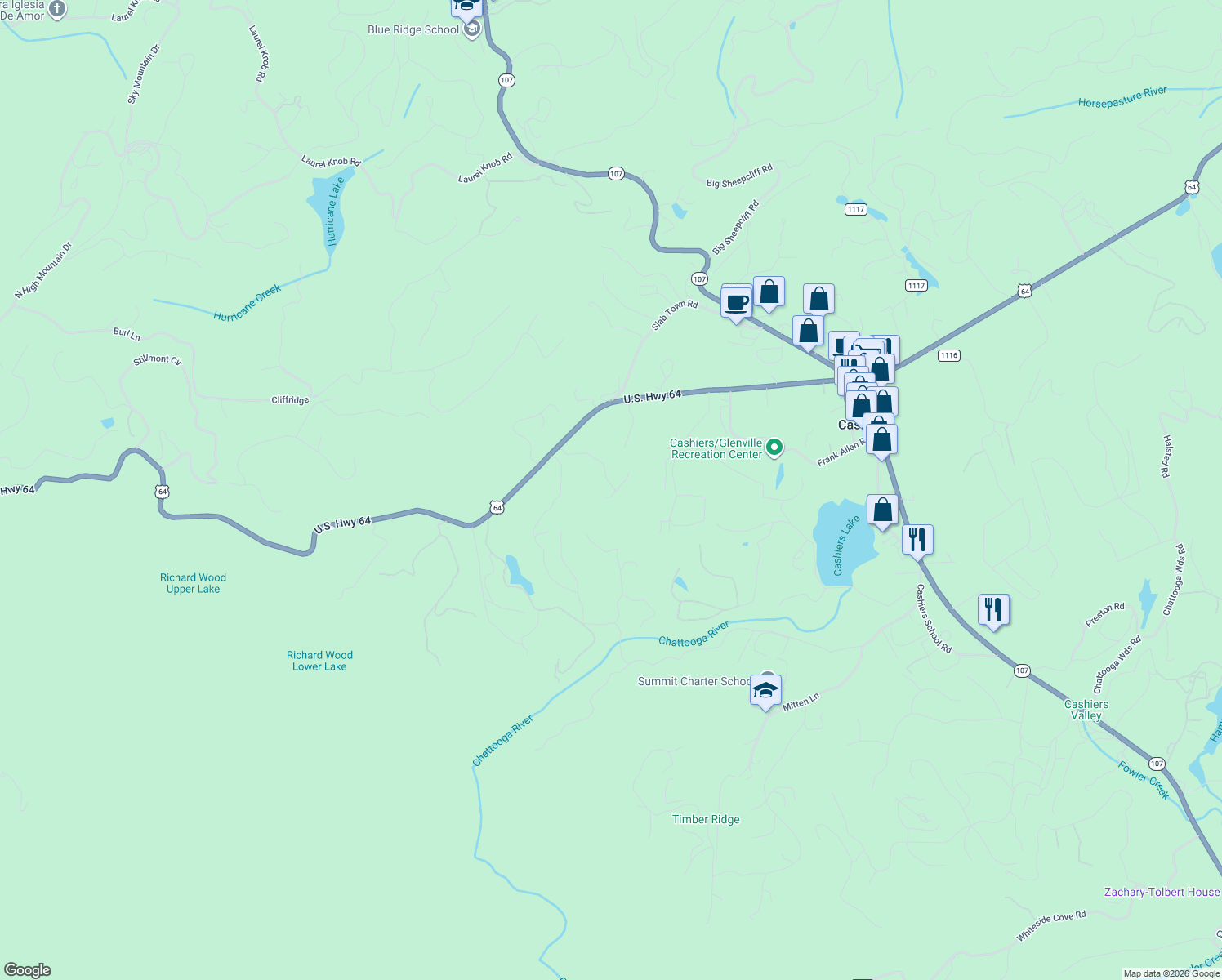 map of restaurants, bars, coffee shops, grocery stores, and more near 270-56 Crestwood Dr in Cashiers