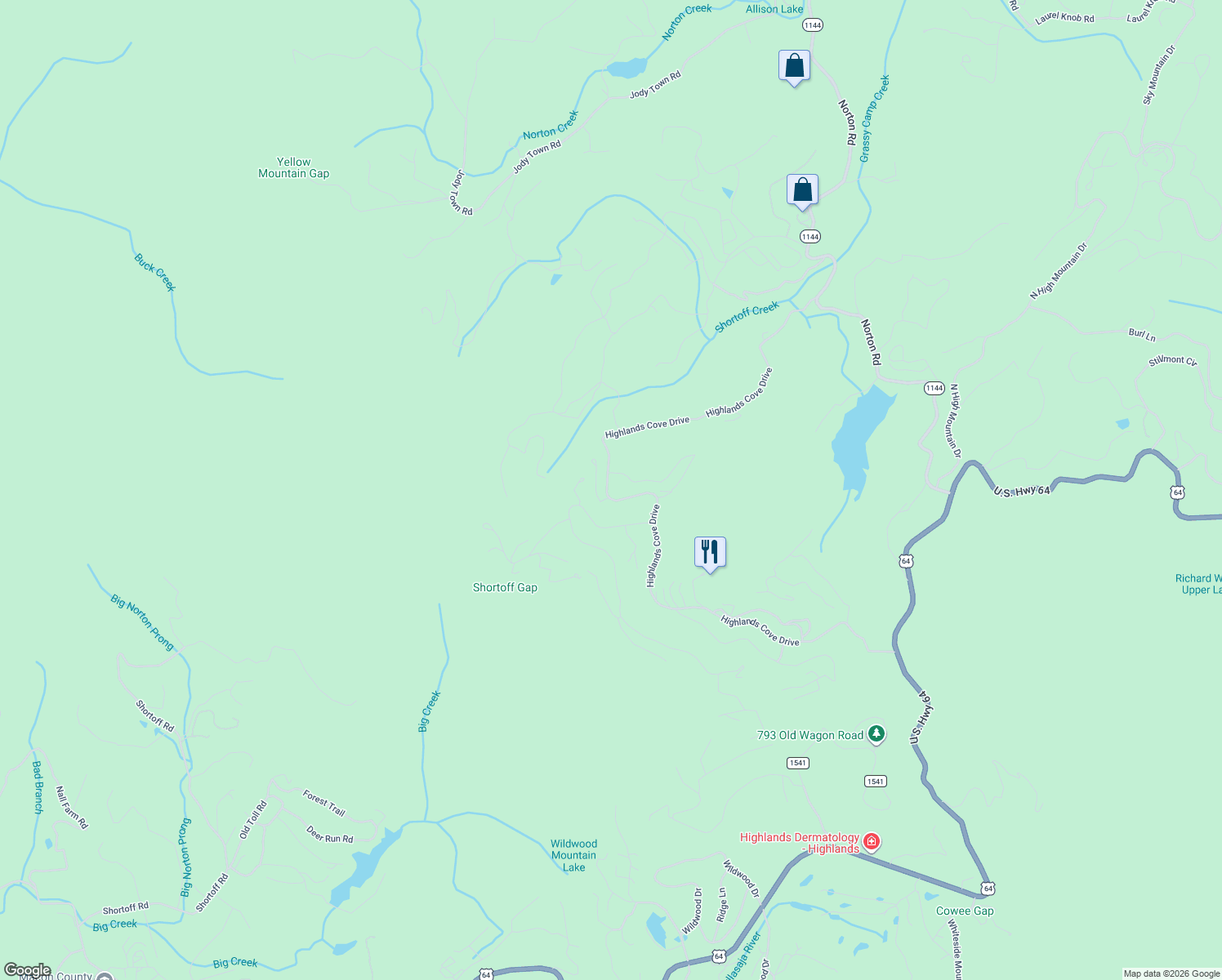 map of restaurants, bars, coffee shops, grocery stores, and more near 705 Highlands Cove Drive in Highlands