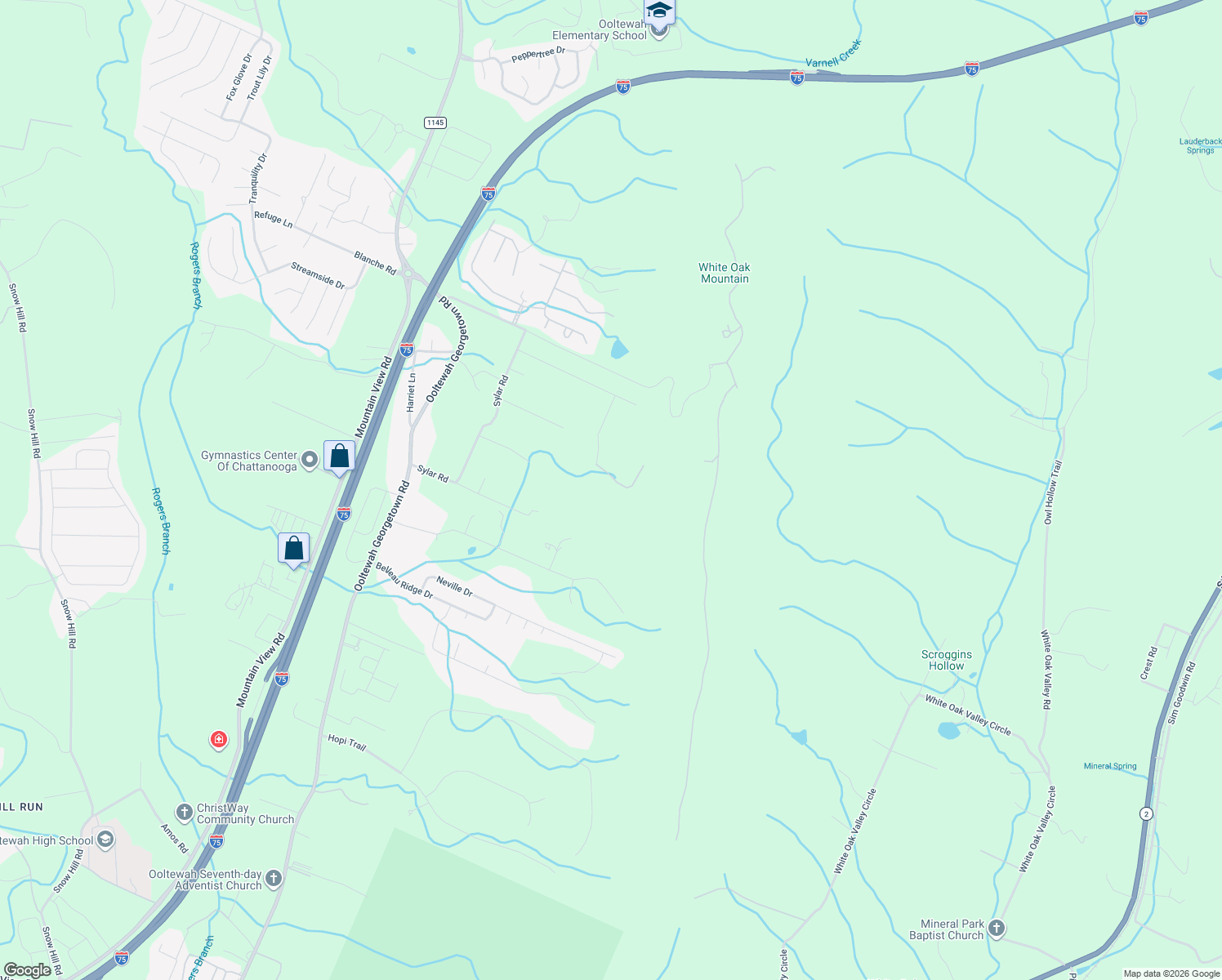 map of restaurants, bars, coffee shops, grocery stores, and more near 7035 Forest Spring Lane in Ooltewah