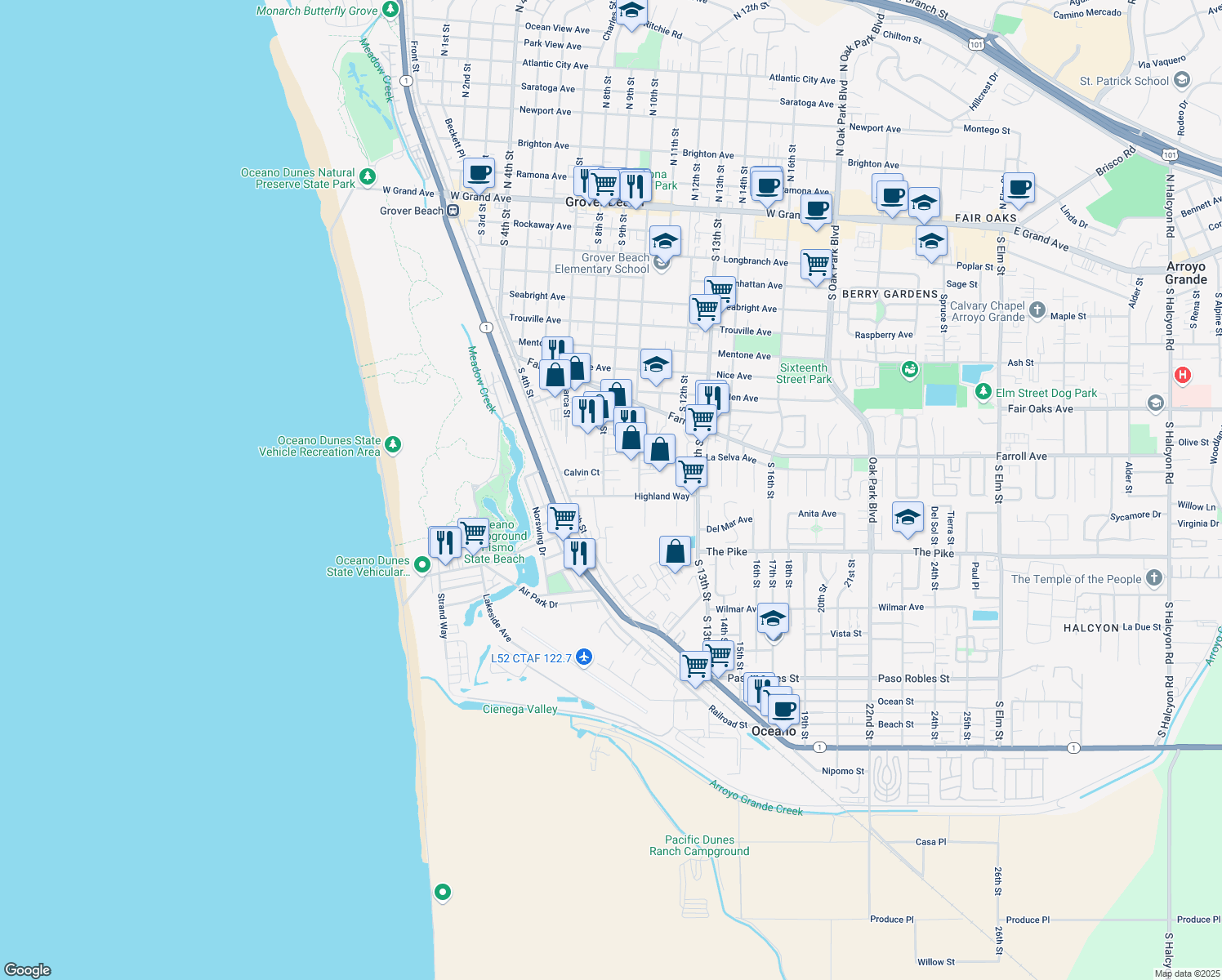 map of restaurants, bars, coffee shops, grocery stores, and more near 901 Highland Way in Grover Beach